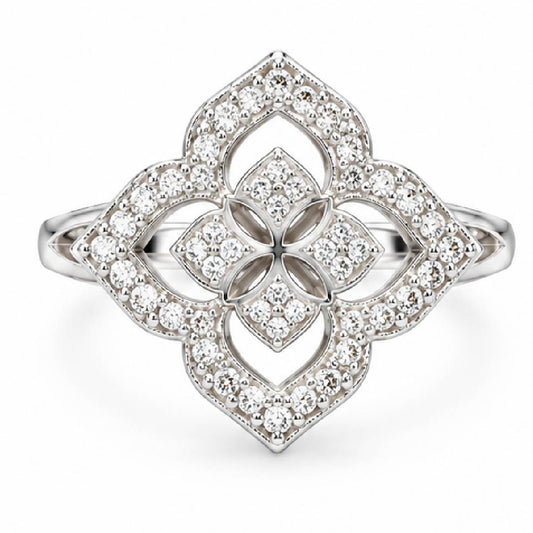9ct White Gold Moroccan Floral Quatrefoil Diamond Ring 0.15 TDW