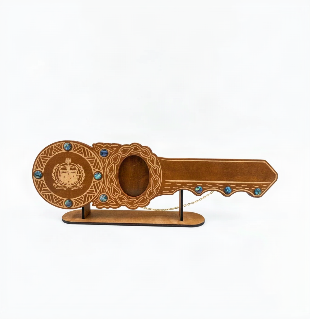 Traditional Samoan Birthday Key with Paua Shell Inlay With Stand (Engraving Option)