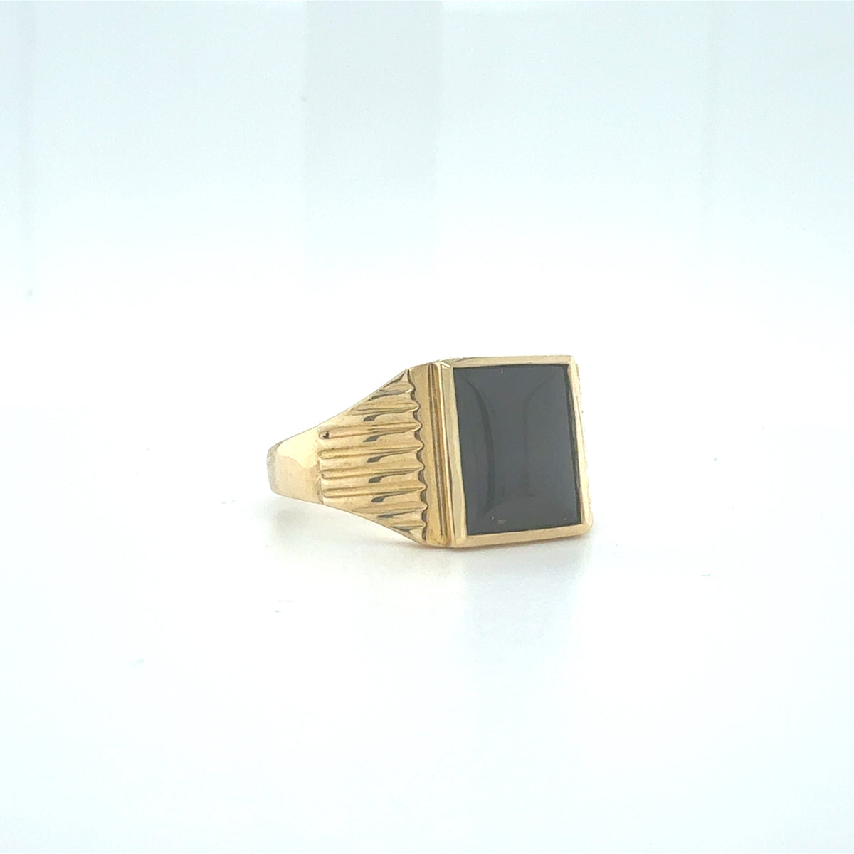 9ct Gold Rectangular Black Onyx Signet Ring with Fluted Shoulders