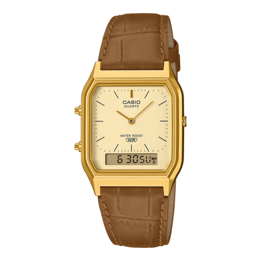 AQ230EGL-9A Casio Vintage Gold-Tone Analogue-Digital Leather Band Watch
