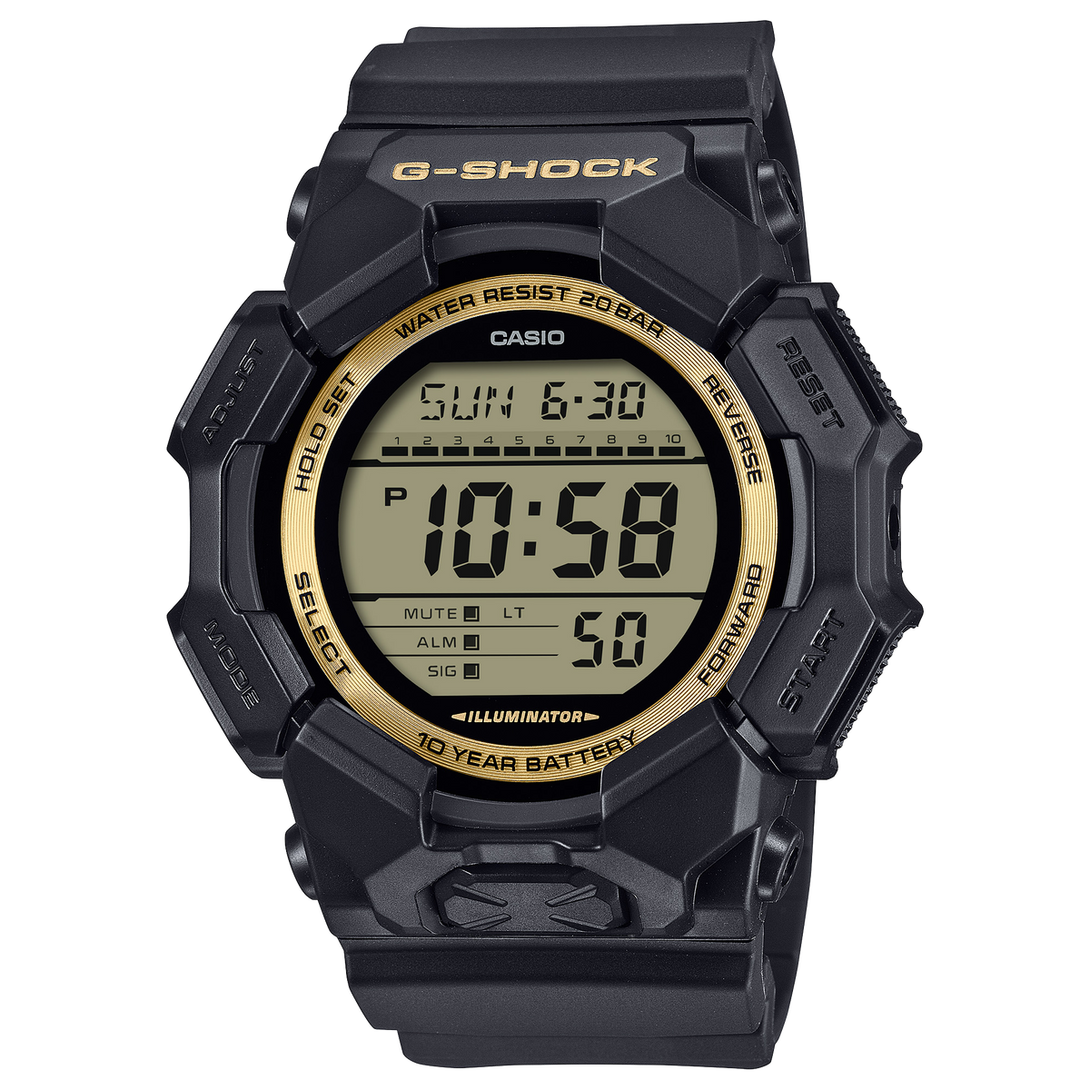 GD010GB-1A9 Casio G-Shock Digital Black/Gold, Black Resin 200M WR, 10 Year Battery