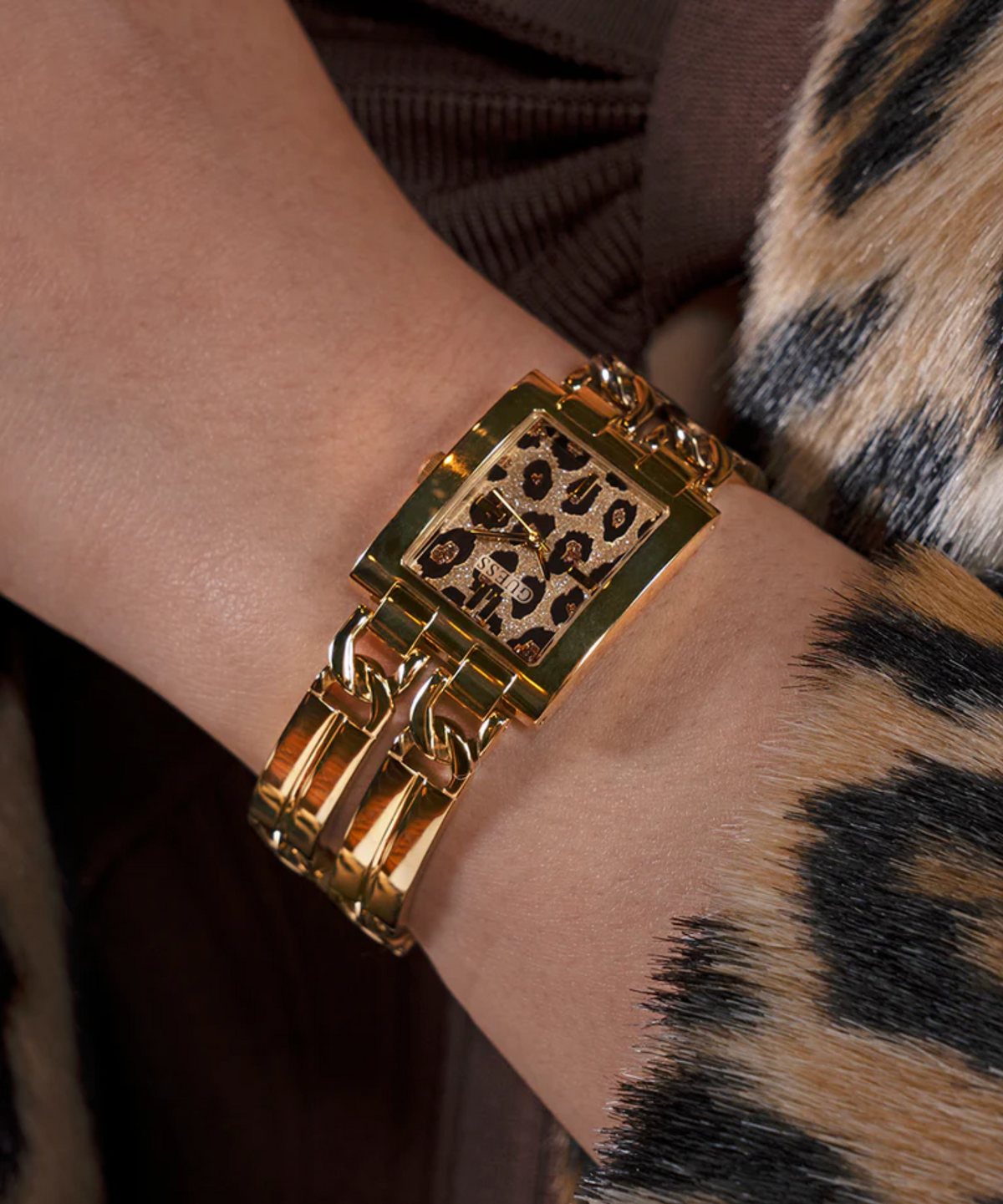 GW0807L2 GUESS Leopard Ladies Gold Tone Analog Watch 40th Anniversary Iconic Animal
