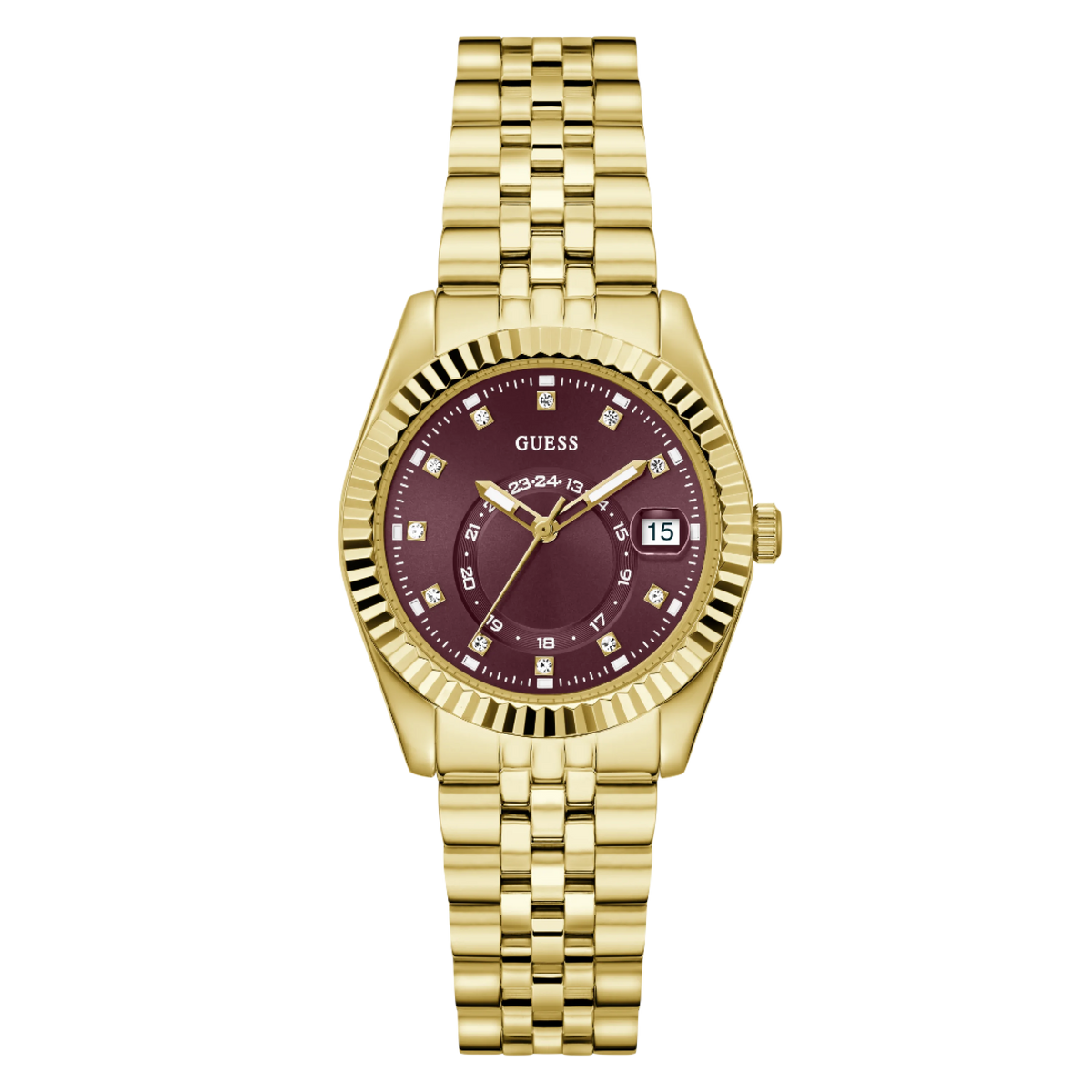 GW0936L2 GUESS  Burgundy Sunray Ladies Gold-Tone Analogue Watch