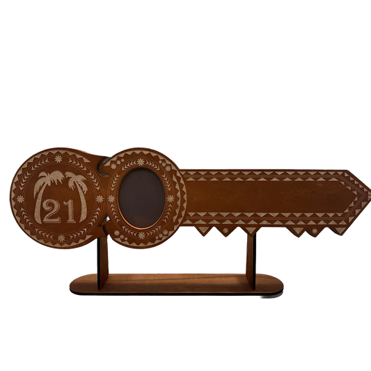 21st Island Design Key with Palm Tree Design, Laser Engraved Patterns & Display Stand