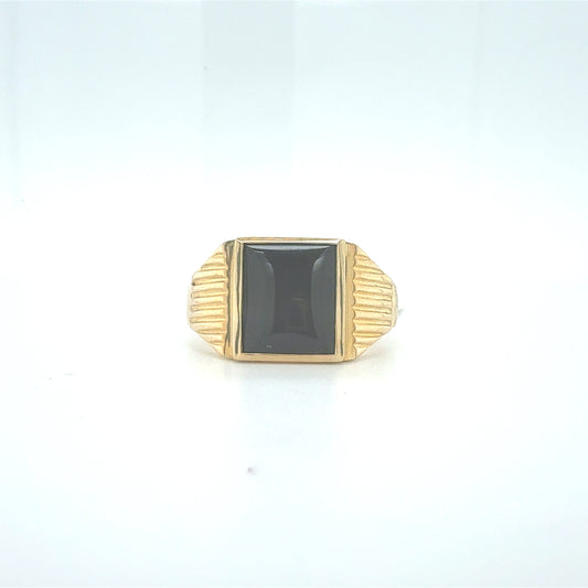 9ct Gold Rectangular Black Onyx Signet Ring with Fluted Shoulders
