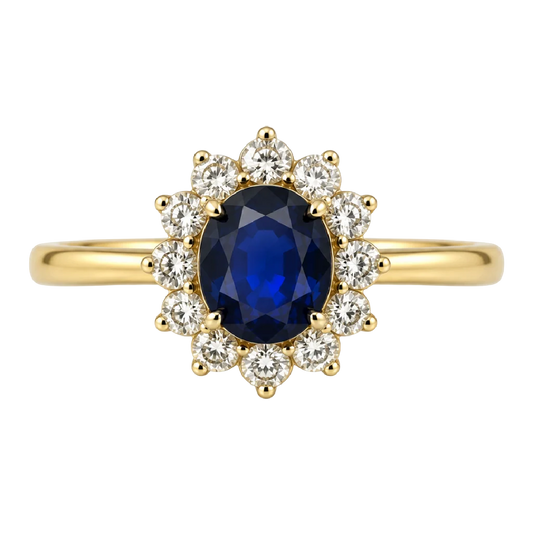 9ct Yellow Gold Natural Sapphire Halo Diamond Ring