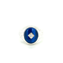 Load image into Gallery viewer, Broadway Jewellers Sterling Silver 12x10mm oval synthetic blue spinel gents ring with CZ
