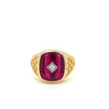 Load image into Gallery viewer, Broadway Jewellers 9ct Yellow Gold 14x12mm cushion synthetic ruby gents ring center set with  4pt diamond
