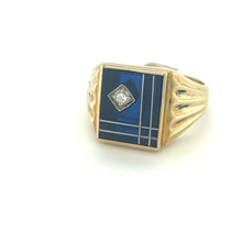 Load image into Gallery viewer, Broadway Jewellers 9ct Yellow Gold rectangle synthetic blue spinel gents ring with mother of pearl stripes, corner set with cubic zirconia
